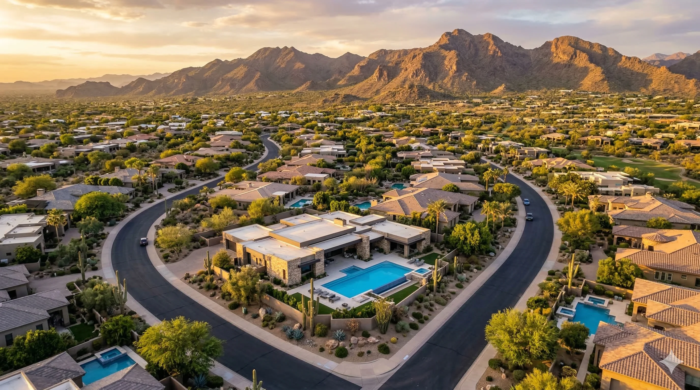 Aerial drone shot of Camelback Corridor homes at golden hour in Phoenix