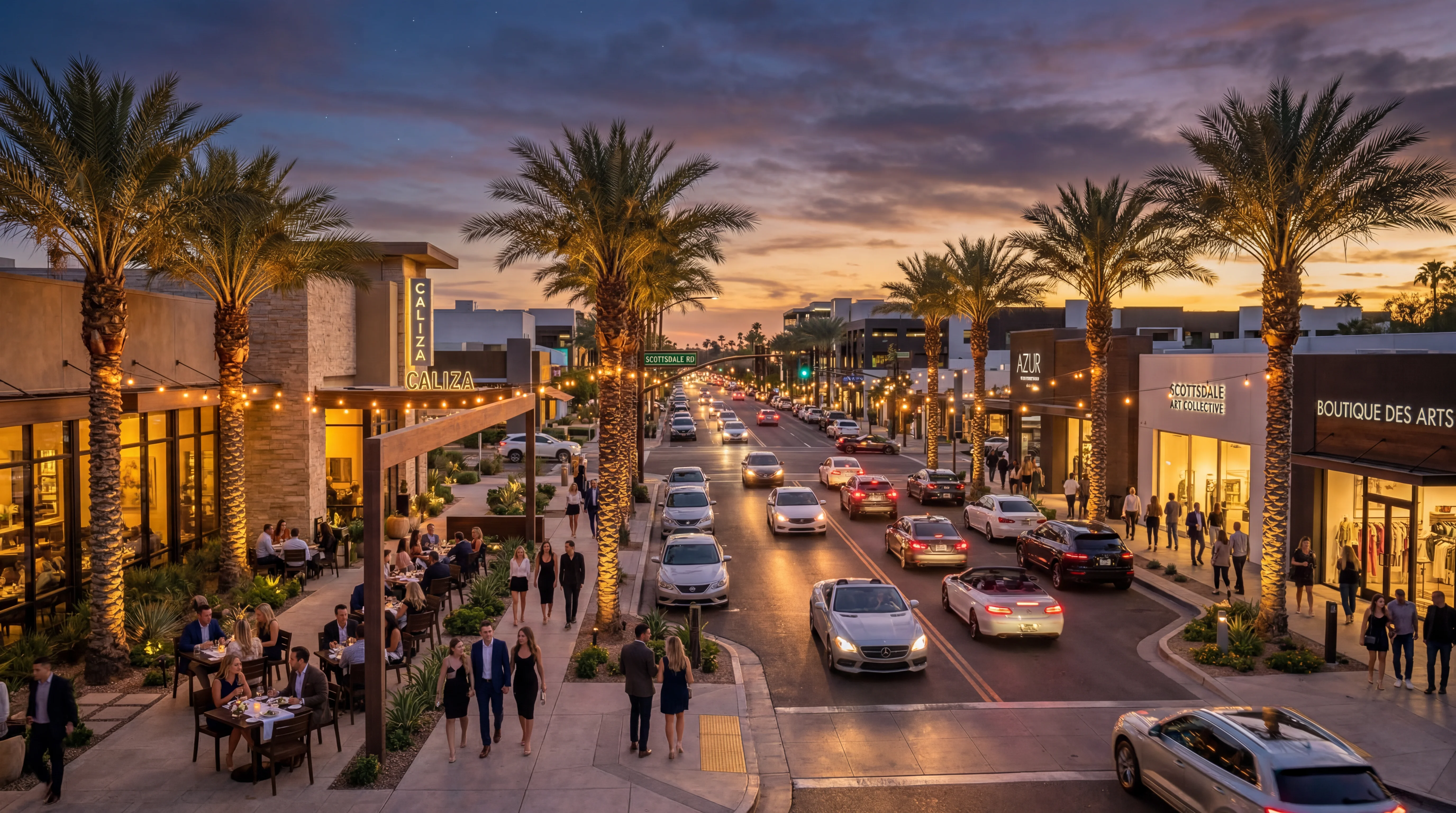 Upscale dining and nightlife along Scottsdale Road at dusk