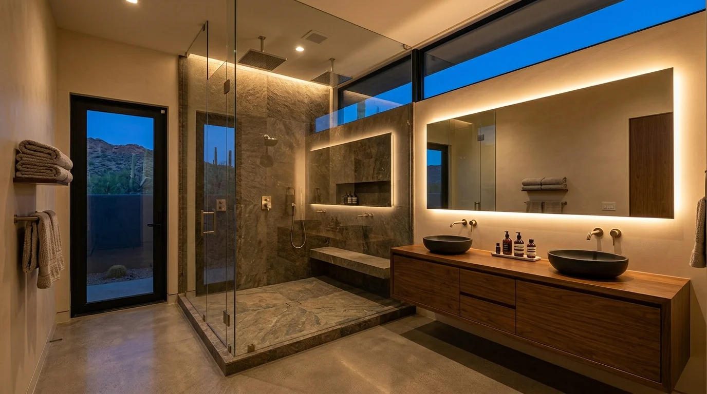 Spa-like primary bathroom with freestanding soaking tub, east-facing windows, and natural stone finishes