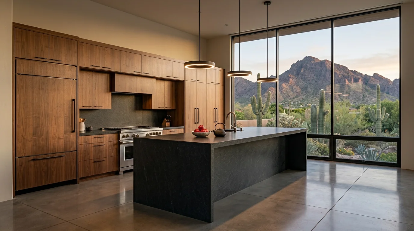 Gourmet kitchen with honed granite countertops, walnut cabinetry, and Pinnacle Peak framed through the window