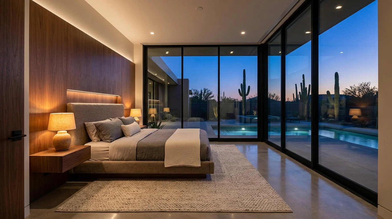 Primary bedroom suite with floor-to-ceiling glass, desert views, and warm natural materials
