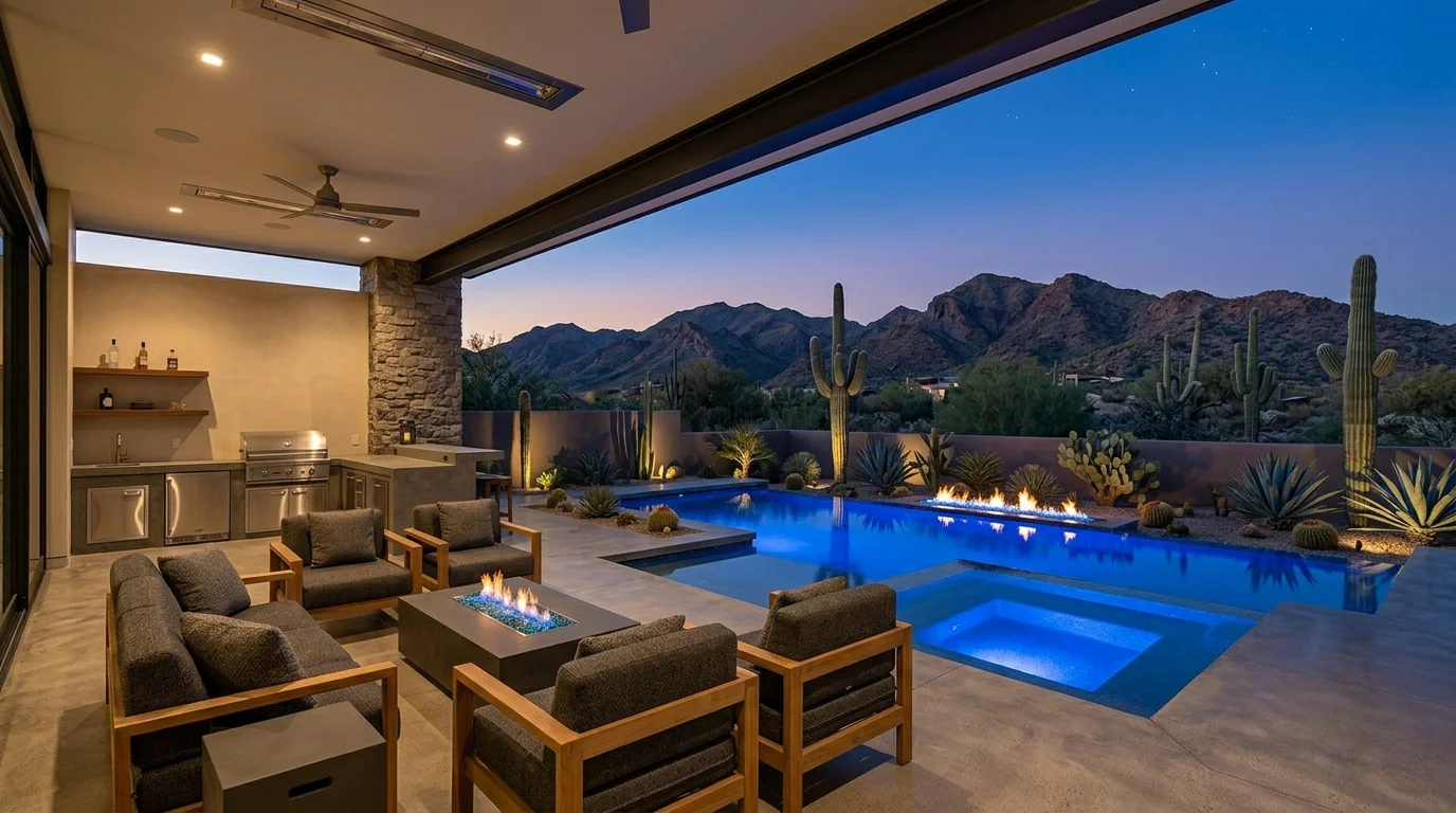 Resort-style heated pool and outdoor living area at dusk with desert landscape lighting and mountain silhouettes