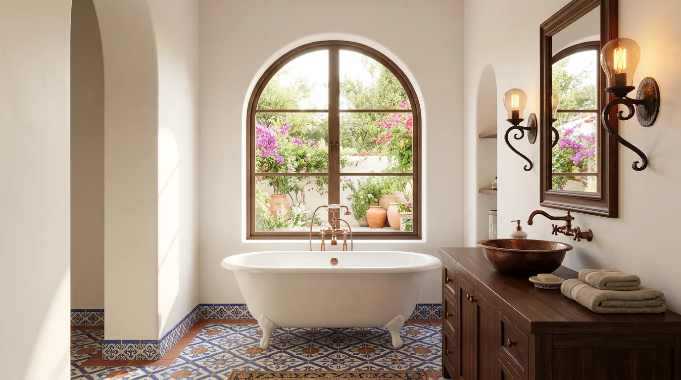Spanish colonial bathroom with clawfoot tub under arched window, hand-painted tile, and natural light