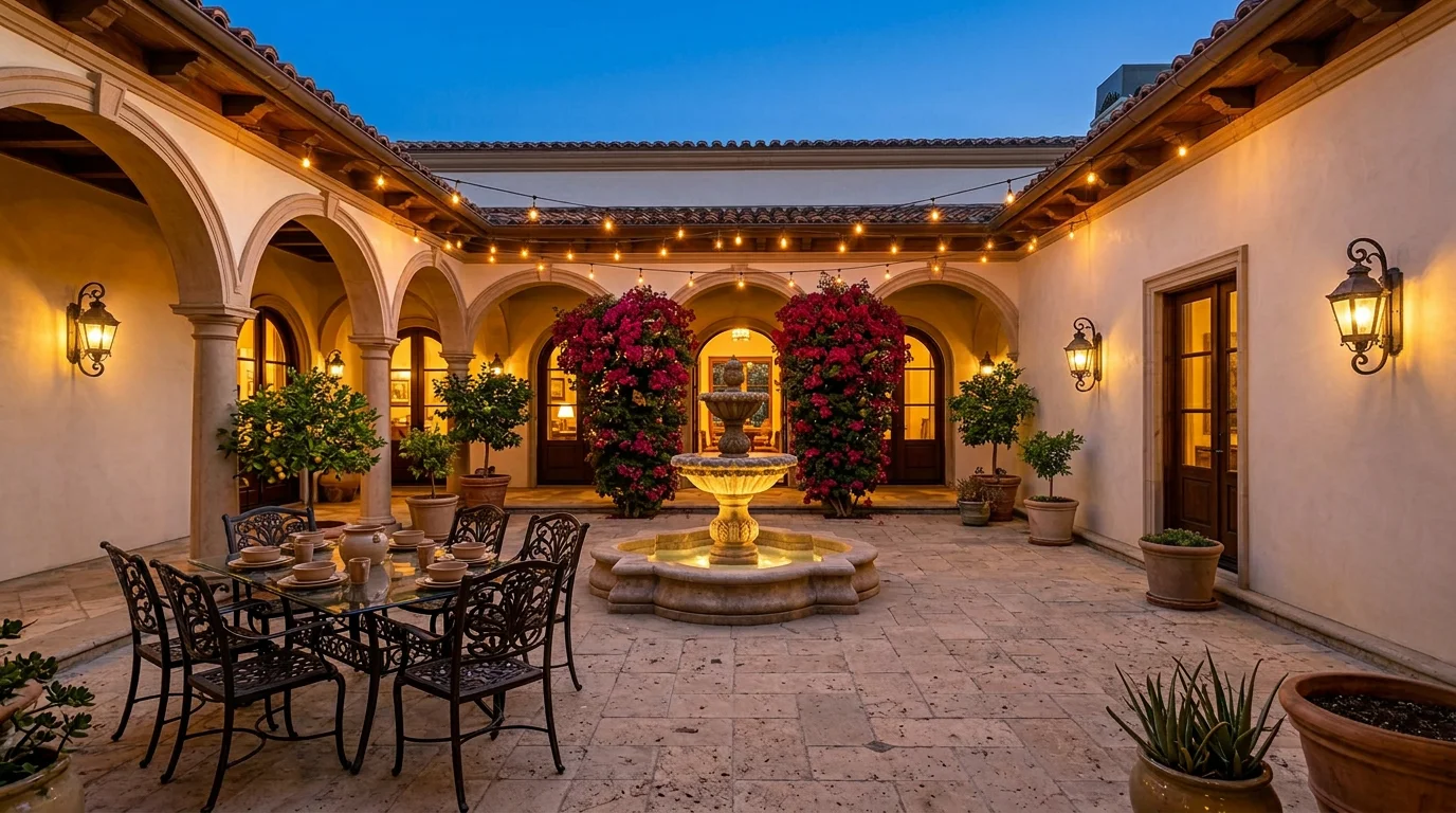 Private courtyard with stone fountain, mature bougainvillea, covered colonnade, and outdoor dining area at Spanish colonial estate