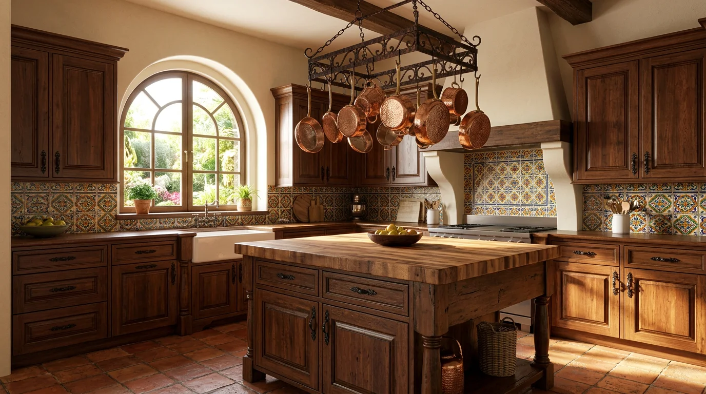 Renovated kitchen with Talavera tile backsplash, modern appliances, and Spanish colonial details in Paradise Valley estate