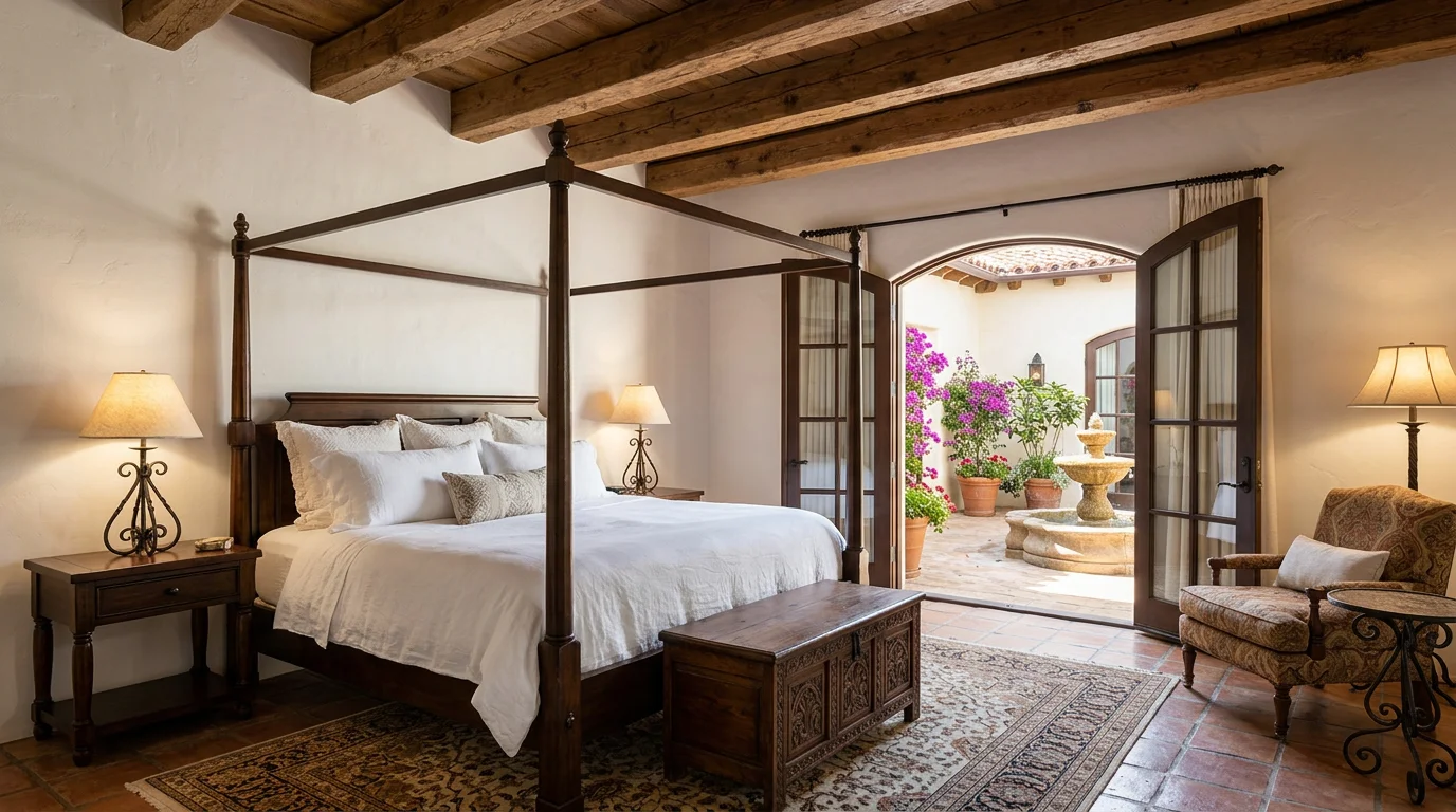 Primary bedroom suite with arched French doors opening to private courtyard in Spanish colonial Paradise Valley home