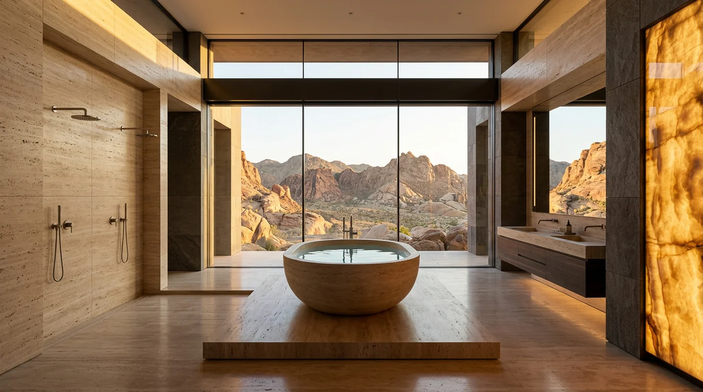 Spa-like primary bathroom with stone soaking tub, walk-through shower in natural slab, and backlit onyx accent wall