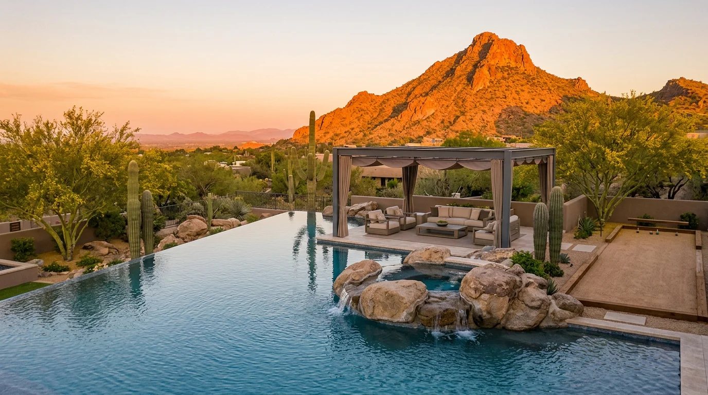 Infinity edge pool vanishing into the desert floor at dusk with Pinnacle Peak silhouette and fire pit lounge in the foreground