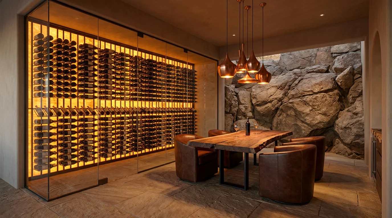Glass-enclosed wine room carved into the hillside with amber lighting, ironwood tasting table, and temperature-controlled vault