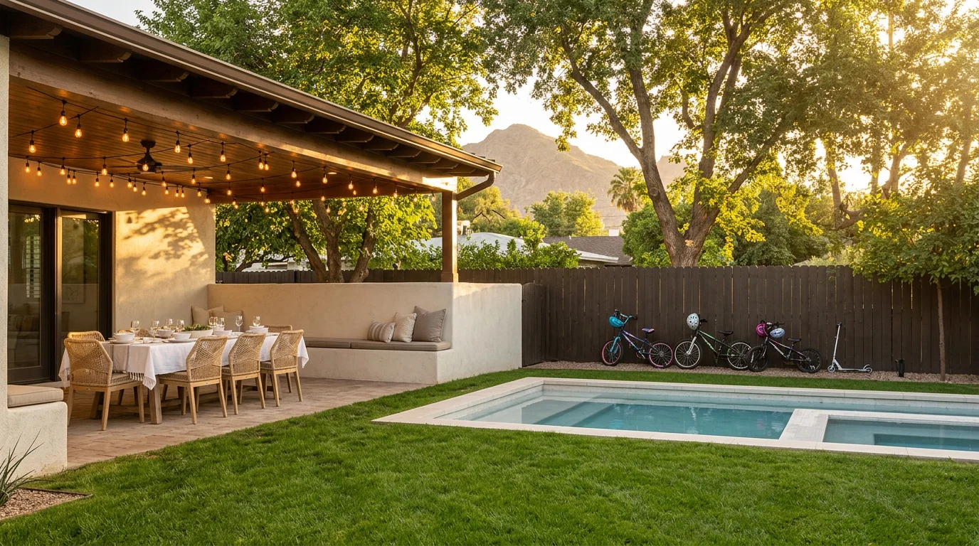 Backyard with rectangular pool, raised spa, real grass, mature shade trees, string lights over patio dining area, and Camelback Mountain views