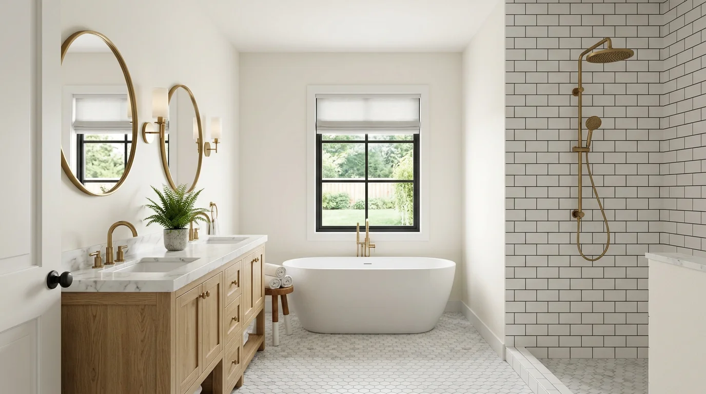 Primary bathroom with freestanding soaking tub, marble hex tile floors, and abundant natural light in Arcadia farmhouse