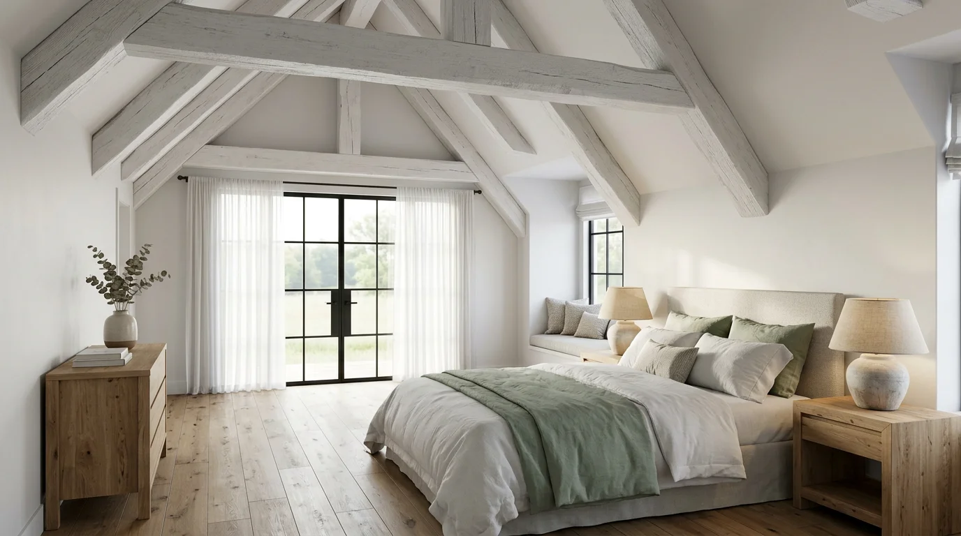 Primary bedroom suite with vaulted ceiling, exposed painted beams, black steel frame windows, and reading nook in dormer