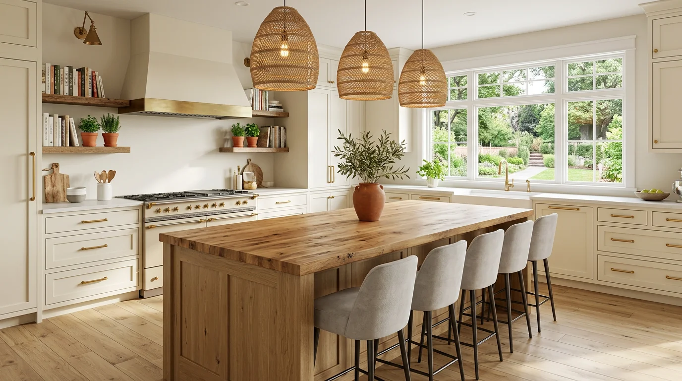 White oak kitchen island with butcher block top, unlacquered brass hardware, farmhouse sink, and open shelving with fresh herbs
