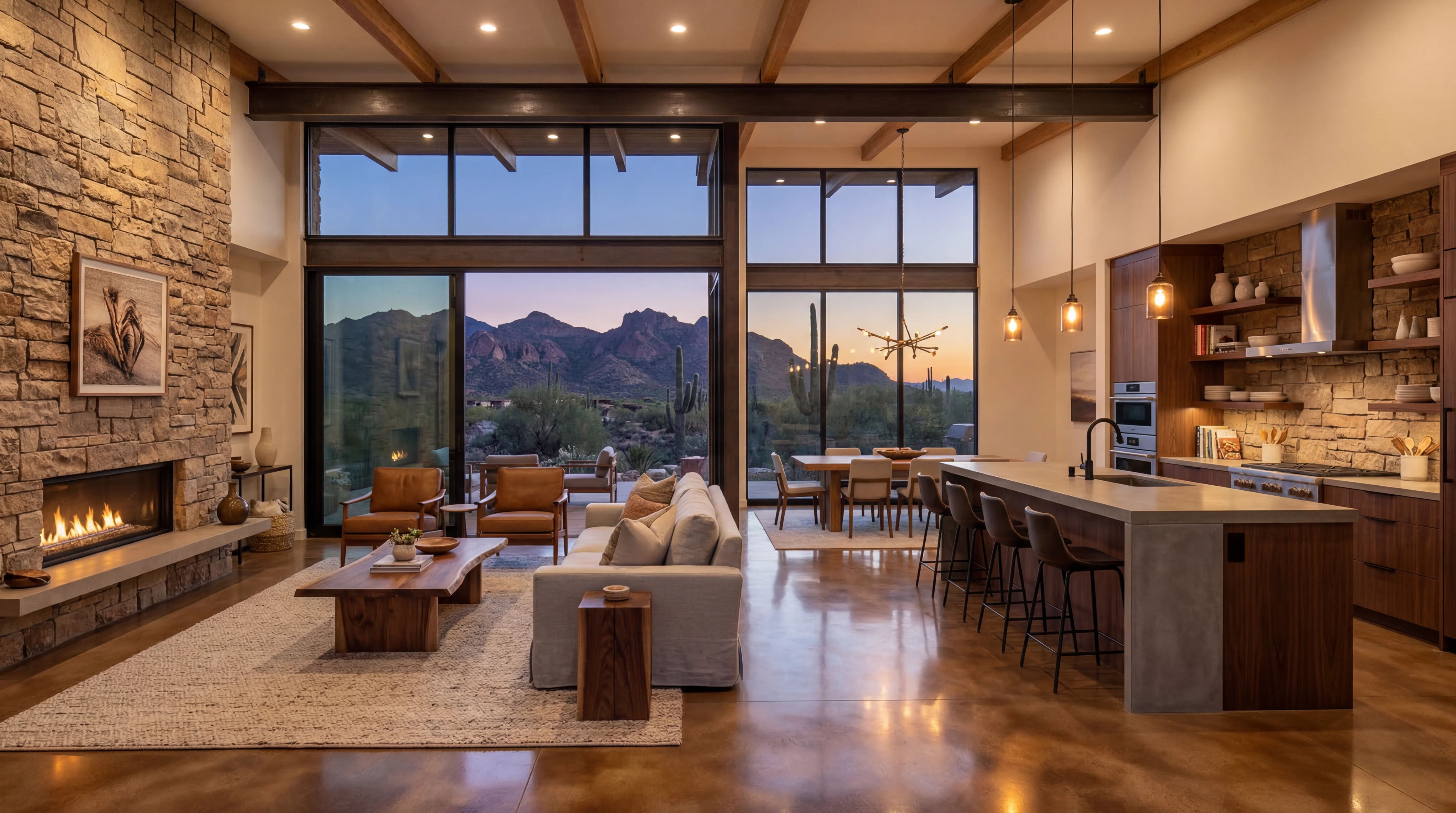 Open concept interior of desert contemporary home with mountain views and stone accents