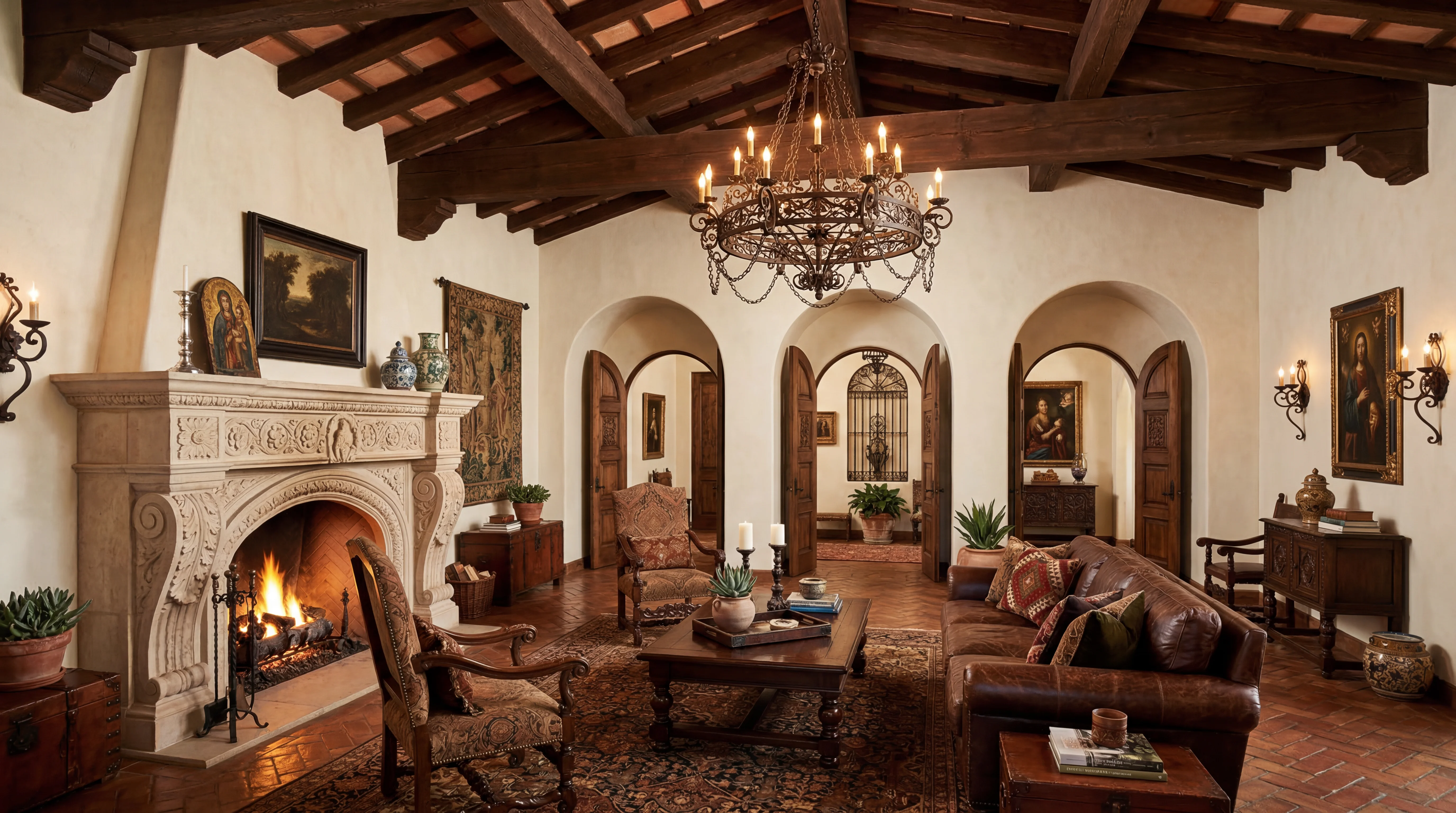 Spanish colonial interior with wood beams, arched doorways, and terracotta floors