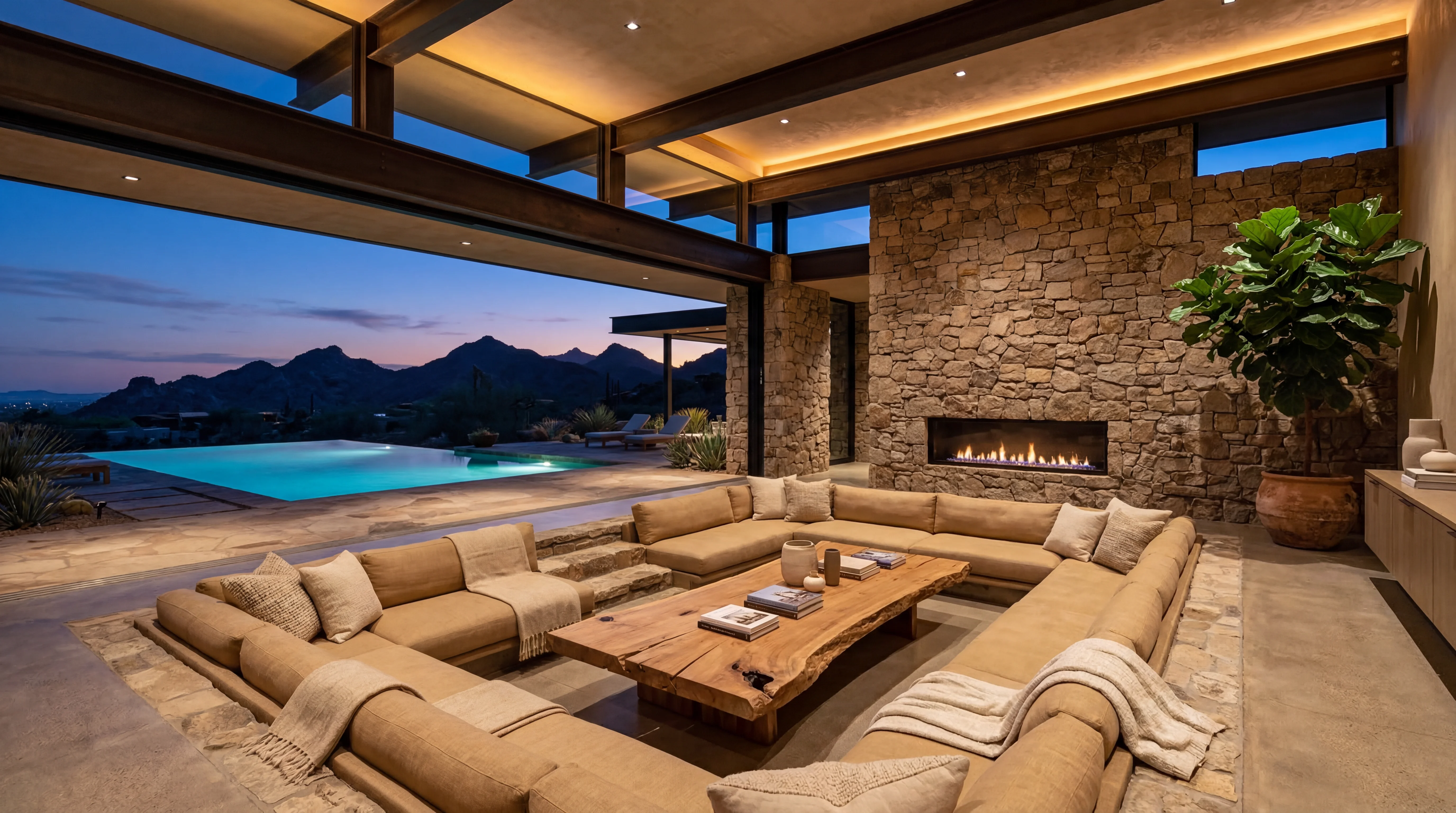 Dramatic living space with floor-to-ceiling glass walls and pool view